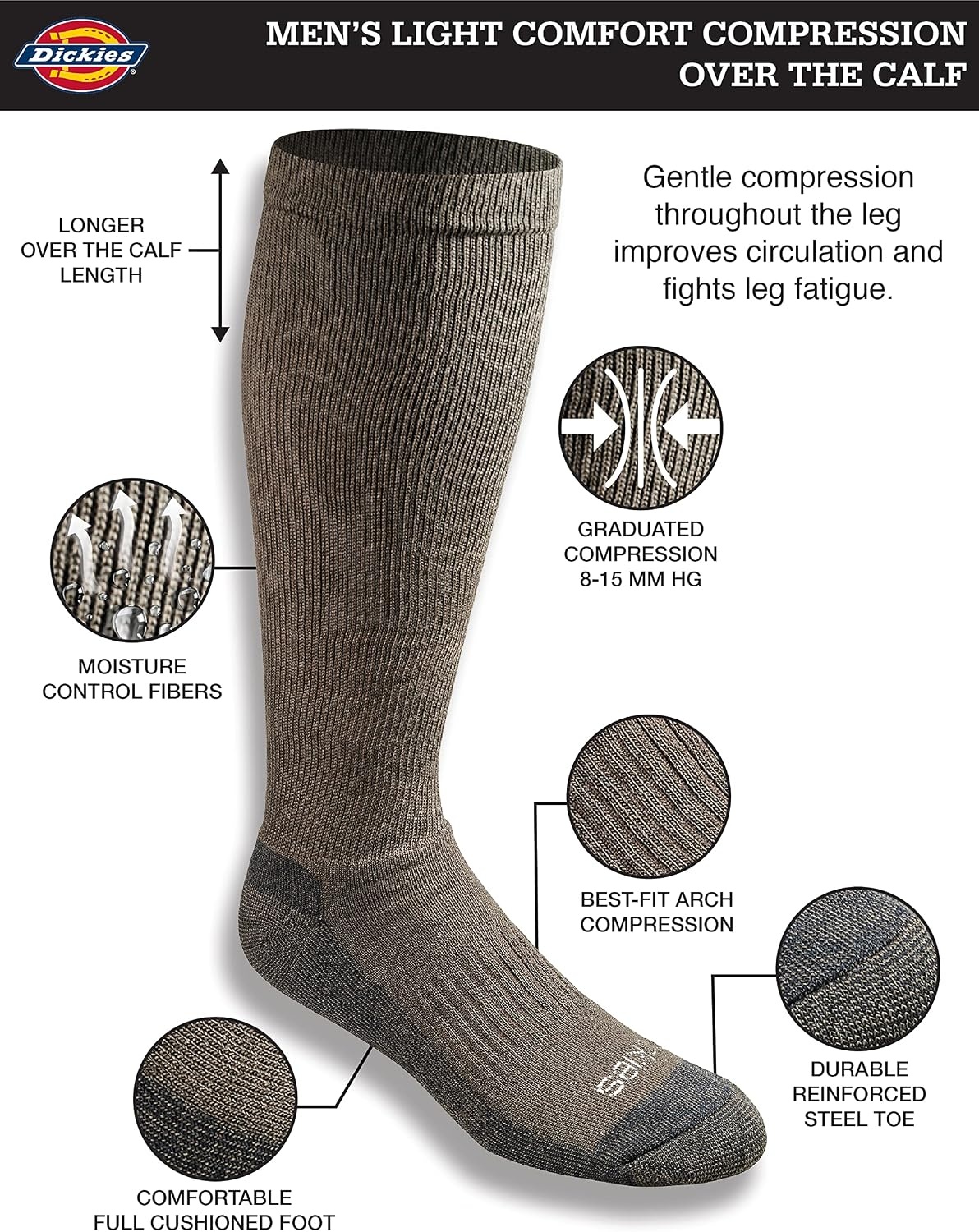 image:imageDickies Mens Light Compression Comfort OverTheCalf Socks Available in MXXL 2 4 6 PairsBrown 2 Pairs