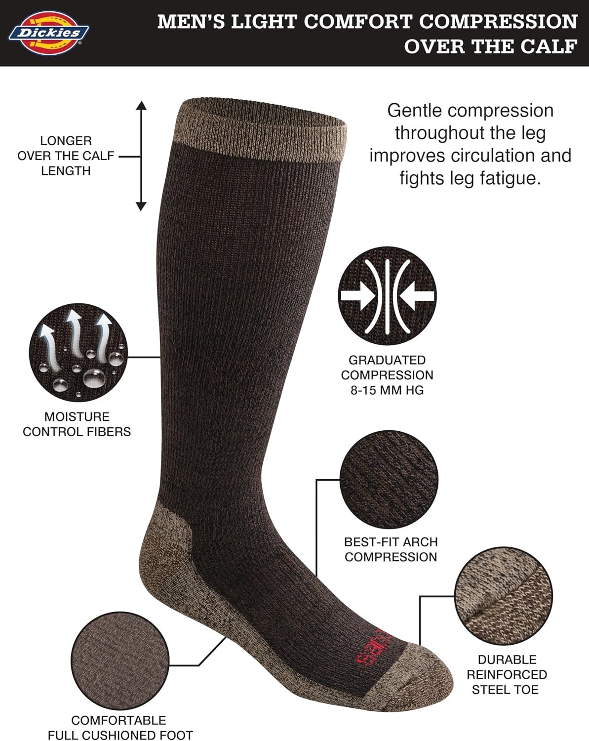 image:imageDickies Mens Light Compression Comfort OverTheCalf Socks Available in MXXL 2 4 6 PairsBrown Marl 2 Pairs