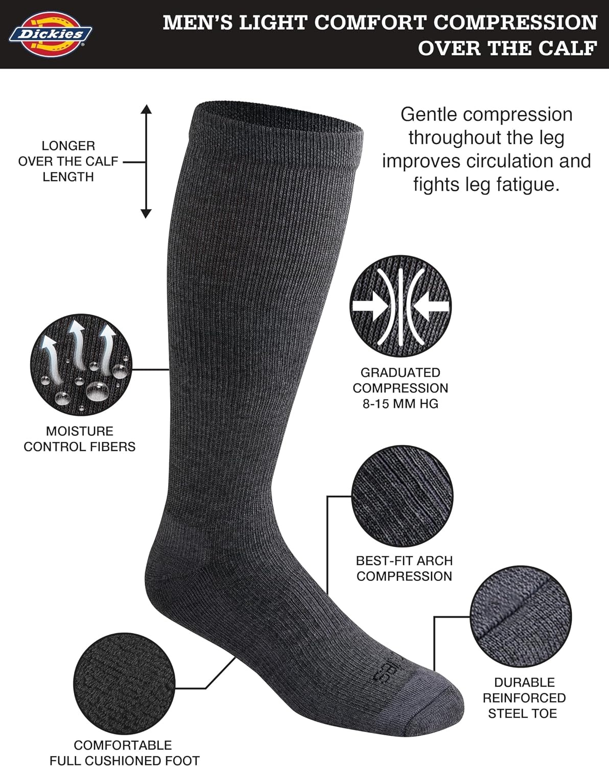 image:imageDickies Mens Light Compression Comfort OverTheCalf Socks Available in MXXL 2 4 6 PairsCharcoal 2 Pairs