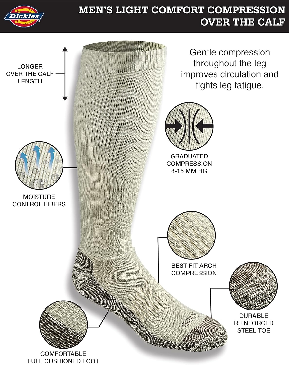 image:imageDickies Mens Light Compression Comfort OverTheCalf Socks Available in MXXL 2 4 6 PairsKhaki 2 Pairs