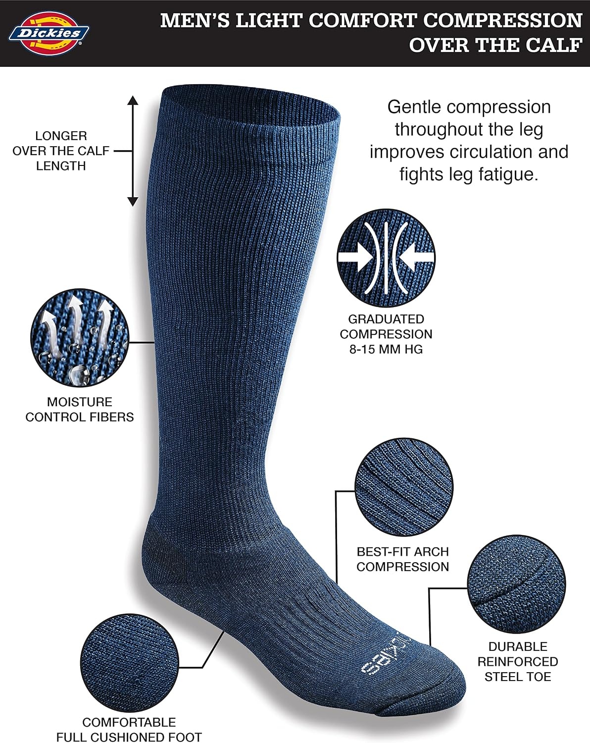image:imageDickies Mens Light Compression Comfort OverTheCalf Socks Available in MXXL 2 4 6 PairsNavy 2 Pairs