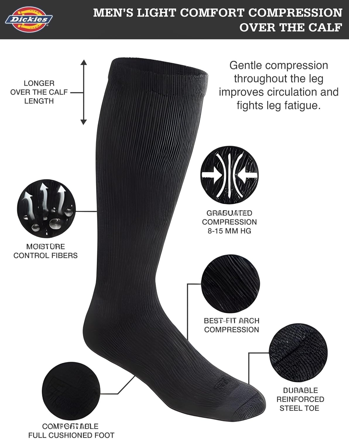 image:imageDickies Mens Light Compression Comfort OverTheCalf Socks Available in MXXL 2 4 6 PairsSolid Black 4 Pairs