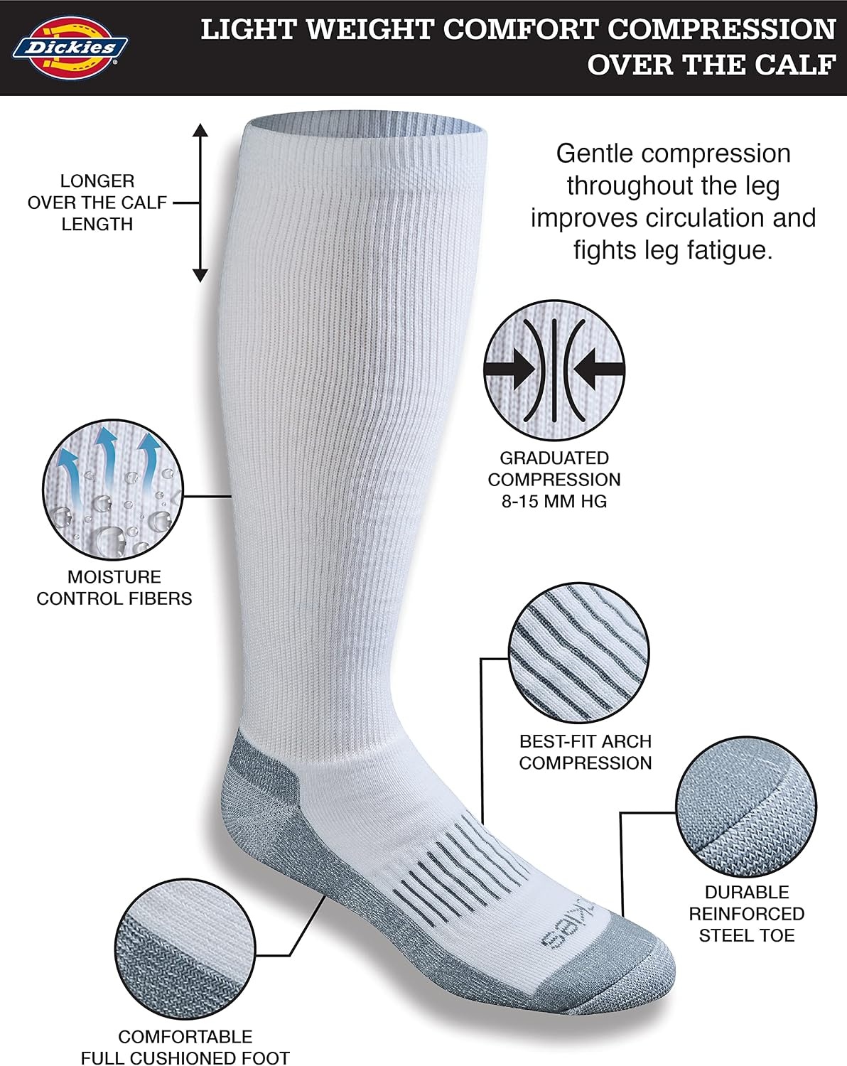 image:imageDickies Mens Light Compression Comfort OverTheCalf Socks Available in MXXL 2 4 6 PairsWhite 2 Pairs