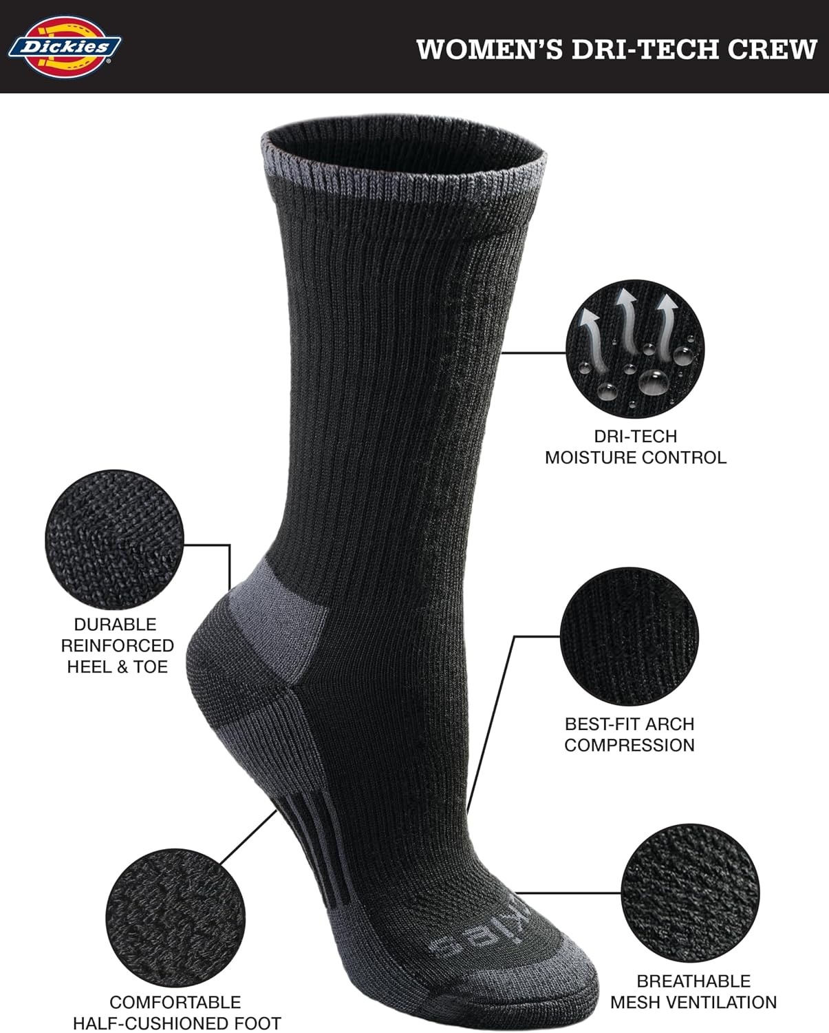 image:imageDickies Womens DriTech Essential Crew amp KH SocksBlk Ast 12 Pr