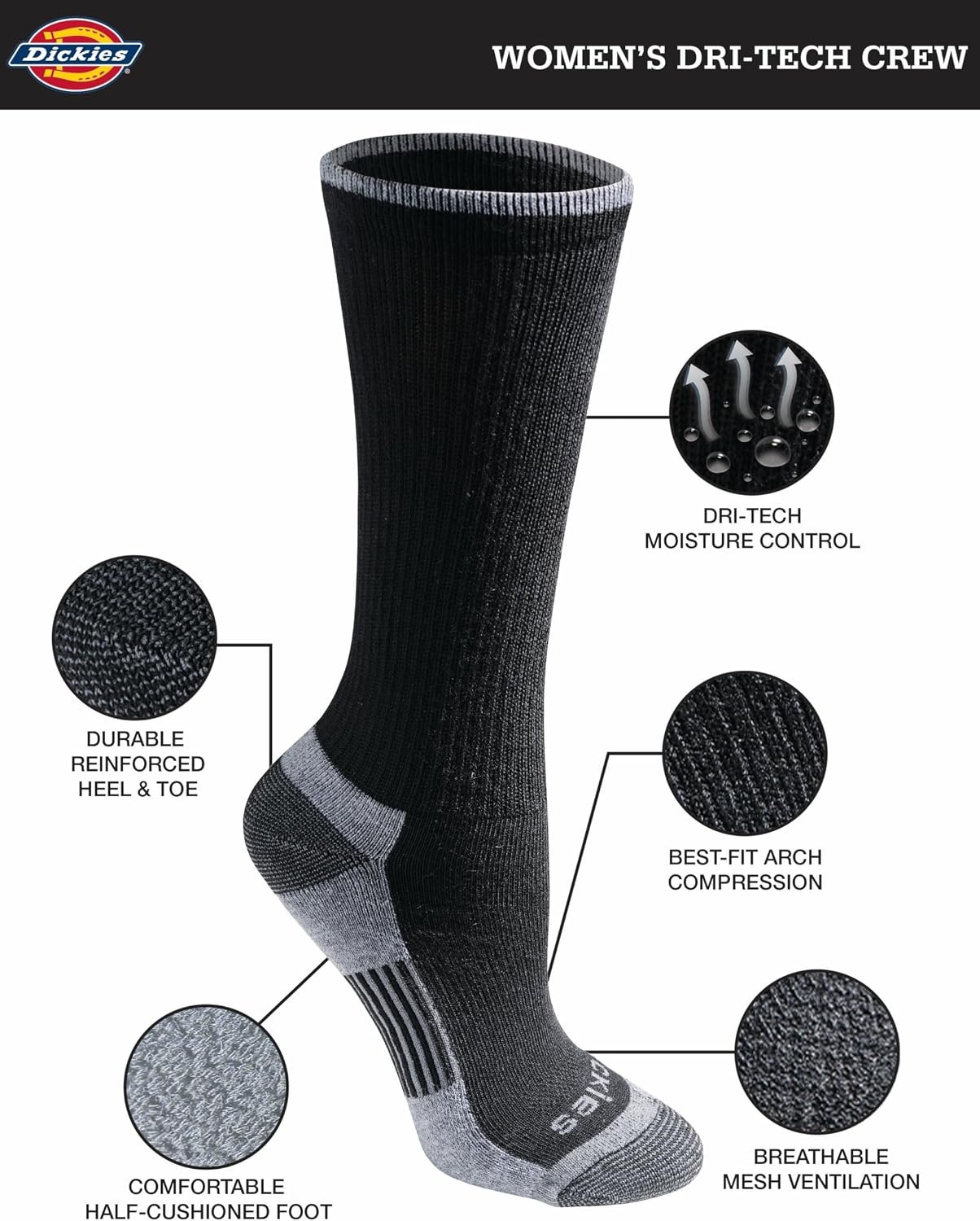 image:imageDickies Womens DriTech Essential Crew amp KH SocksBlk Pop 12 Pr
