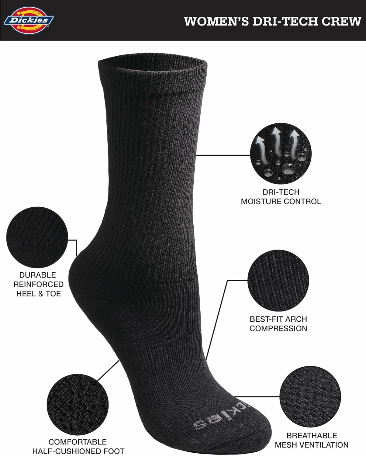 image:imageDickies Womens DriTech Essential Crew amp KH SocksBlk Sol 6 Pr
