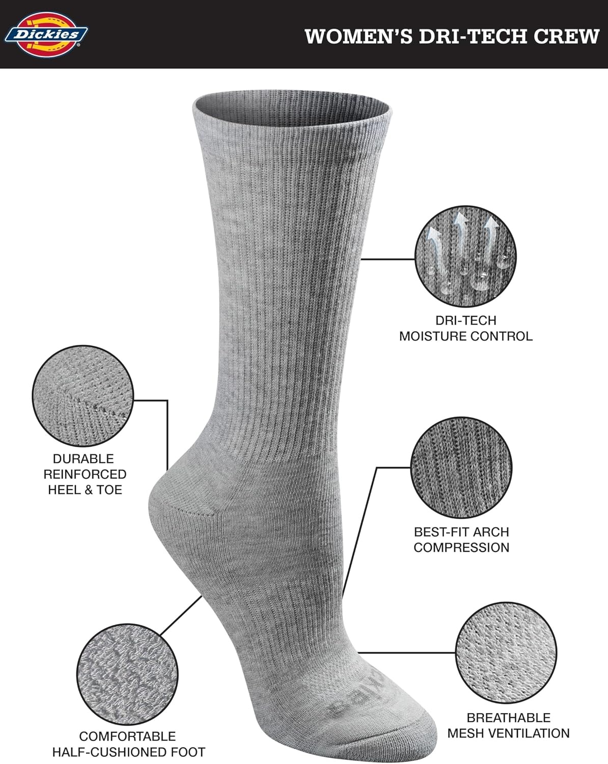 image:imageDickies Womens DriTech Essential Crew amp KH SocksGr Sol 6 Pr