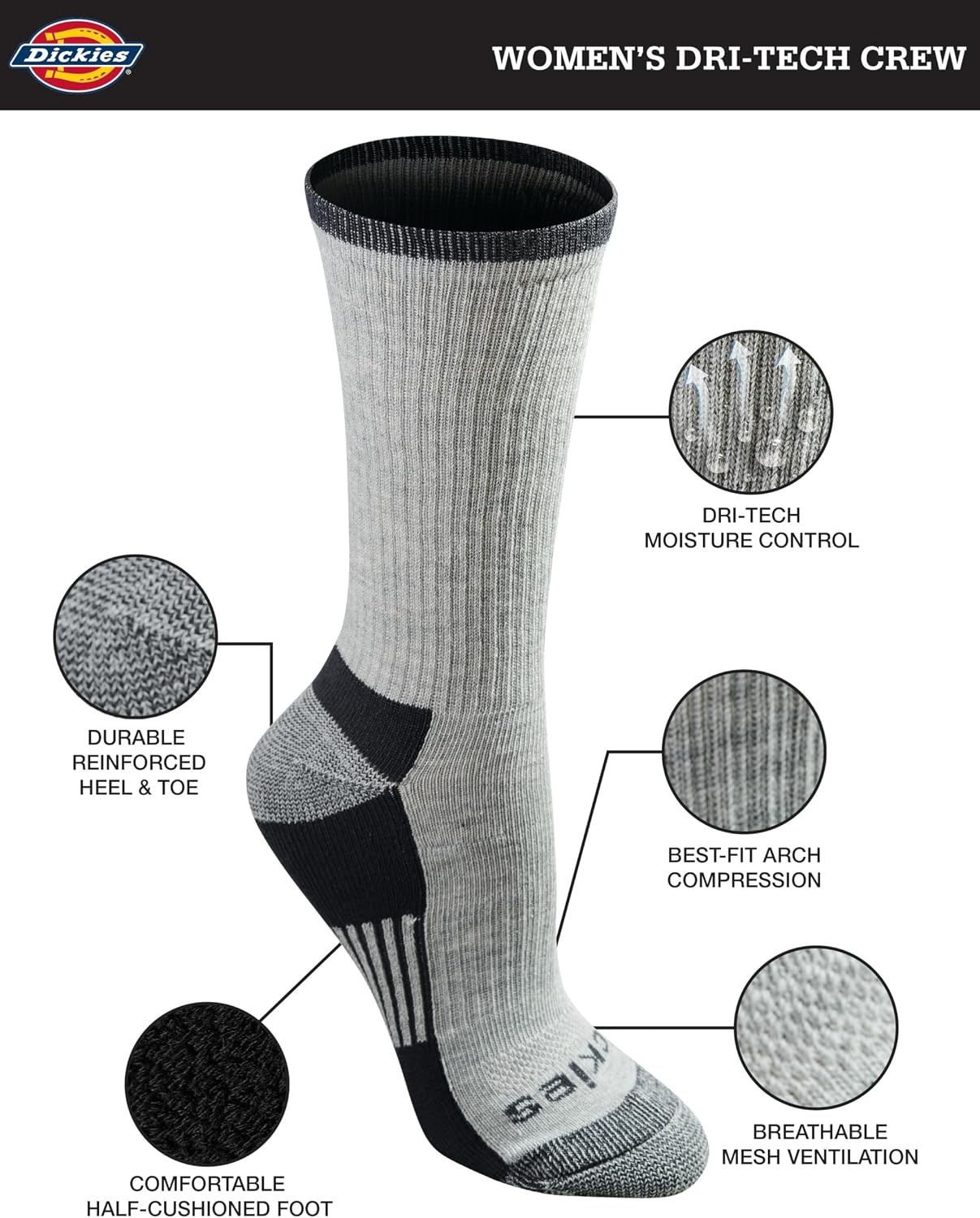 image:imageDickies Womens DriTech Essential Crew amp KH SocksGrey Assorted 6 Pairs