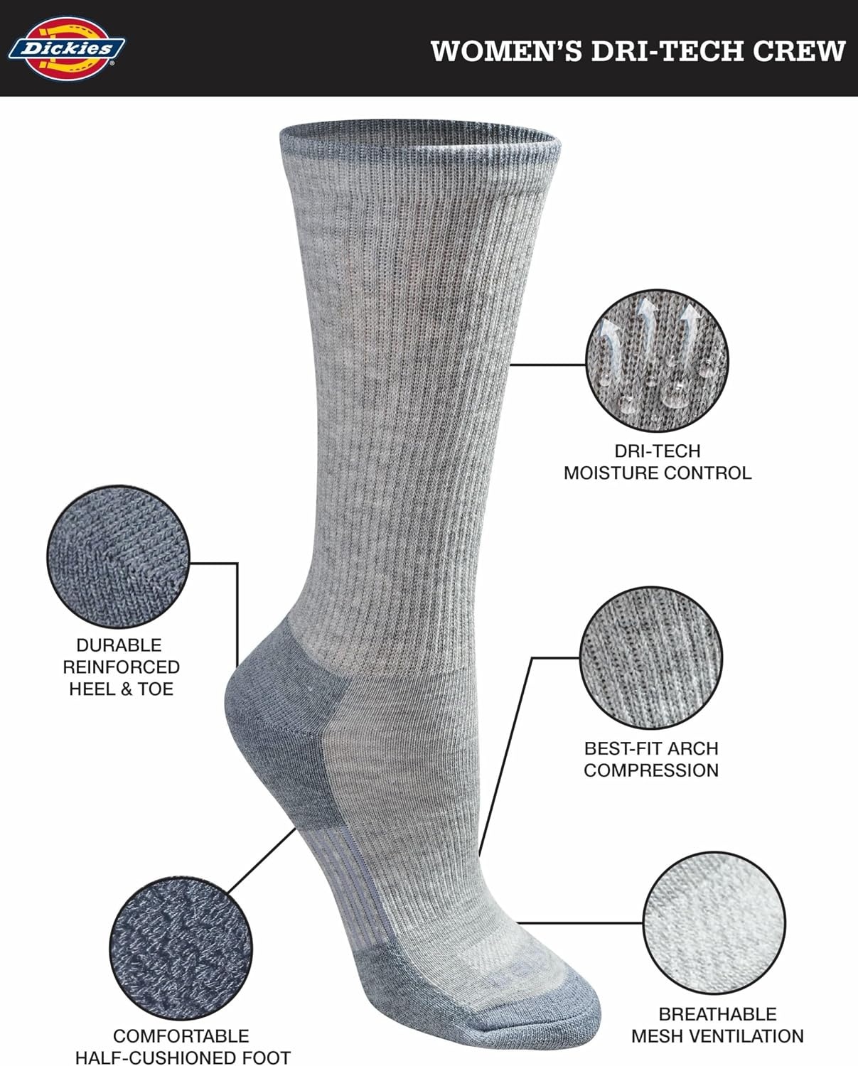 image:imageDickies Womens DriTech Essential Crew amp KH SocksGrey Mix 6 Pairs