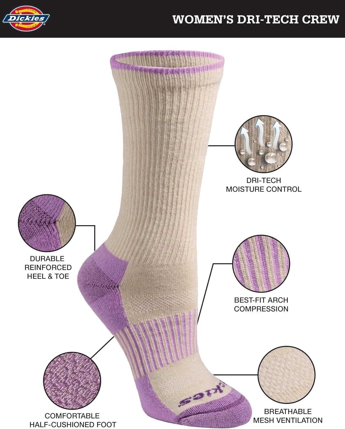 image:imageDickies Womens DriTech Essential Crew amp KH SocksLt Fash 6 Pr