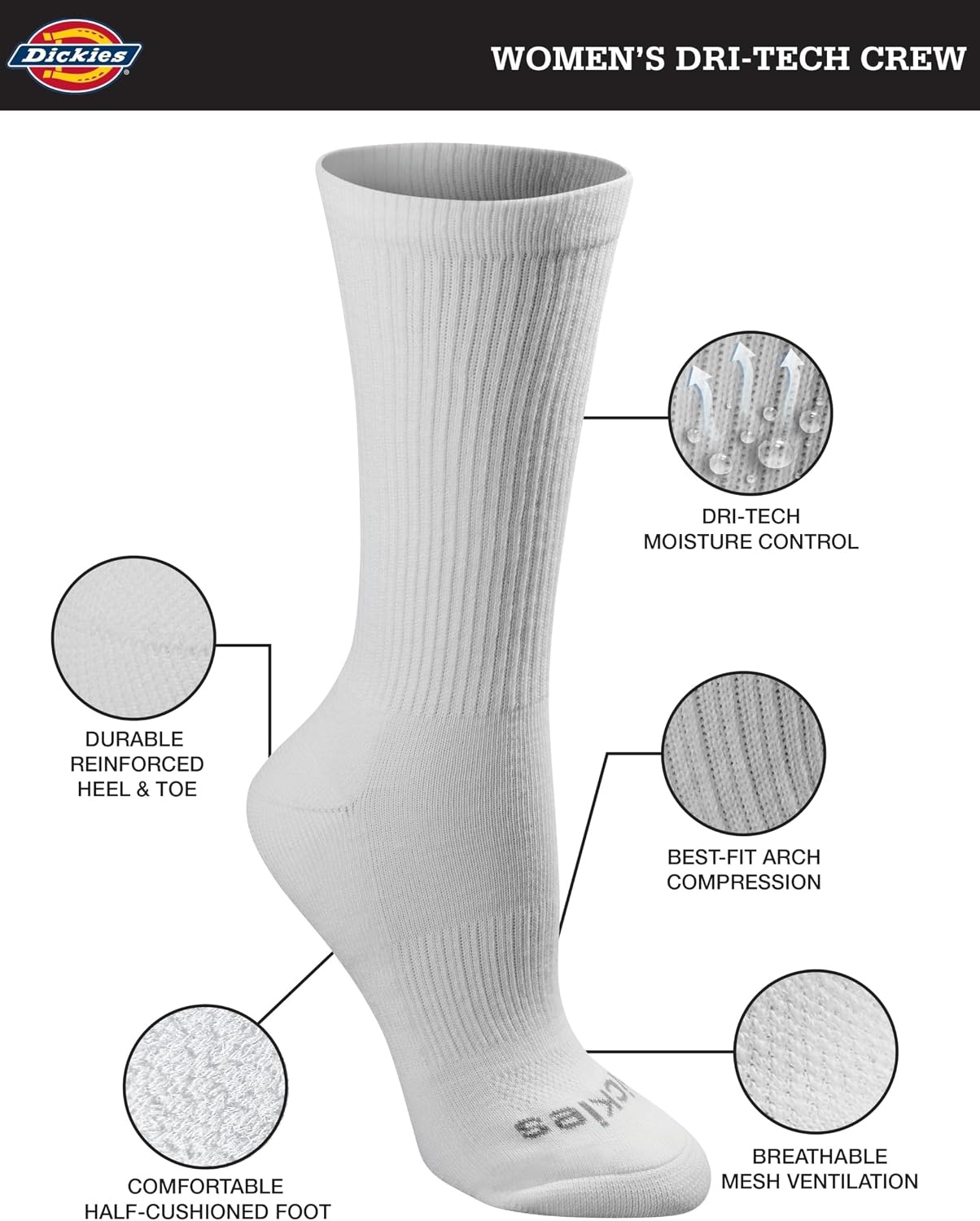 image:imageDickies Womens DriTech Essential Crew amp KH SocksWhite 12 Pr