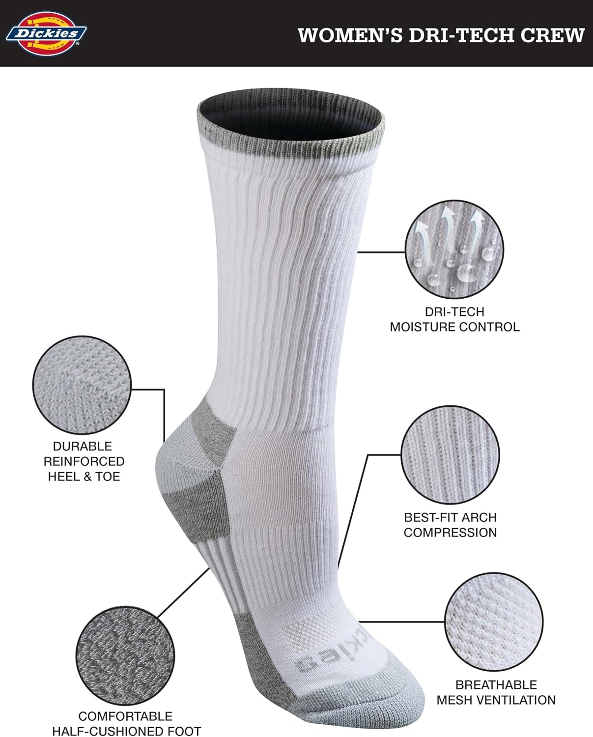 image:imageDickies Womens DriTech Essential Crew amp KH SocksWhite Assorted 6 Pairs