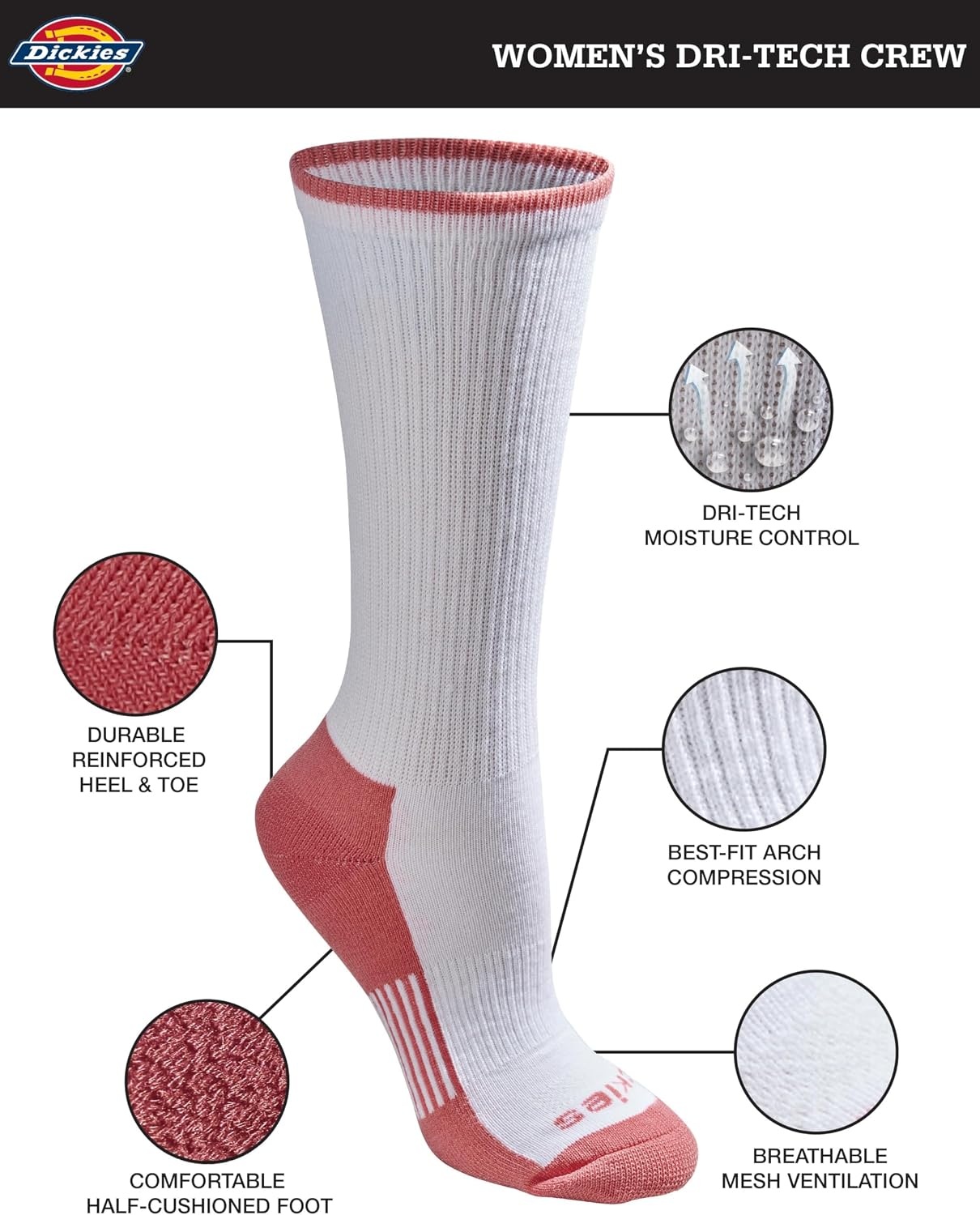 image:imageDickies Womens DriTech Essential Crew amp KH SocksWt Blush 6 Pr