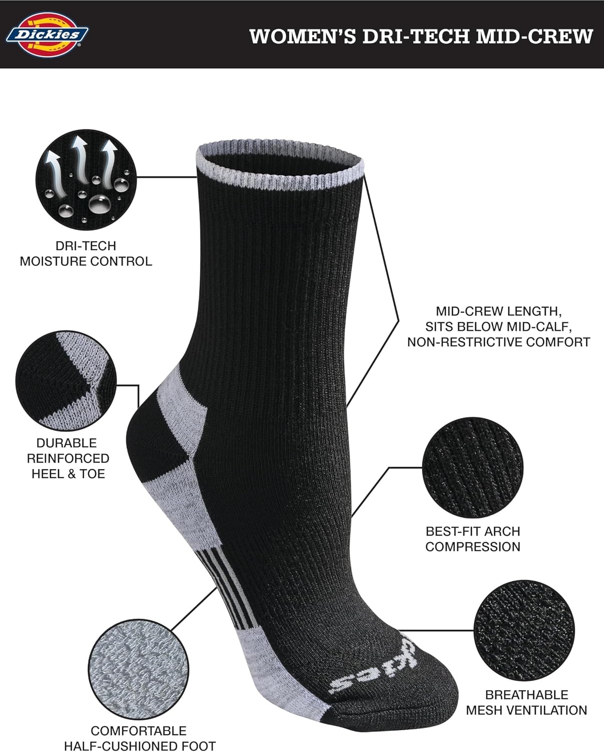 image:imageDickies Womens Dritech Advanced Moisture Wicking Midcrew Socks Available in Ml 6 12 PairsBlack Assorted 6 Pairs
