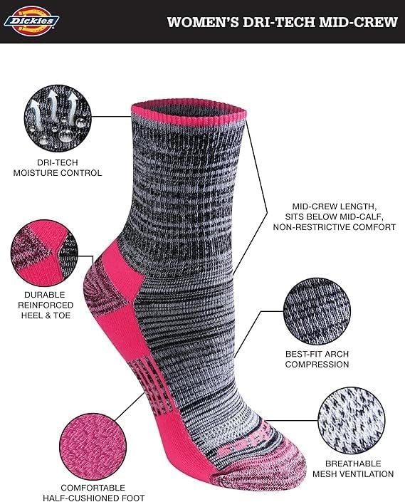 image:imageDickies Womens Dritech Advanced Moisture Wicking Midcrew Socks Available in Ml 6 12 PairsBlack Marl Assorted 6 Pairs