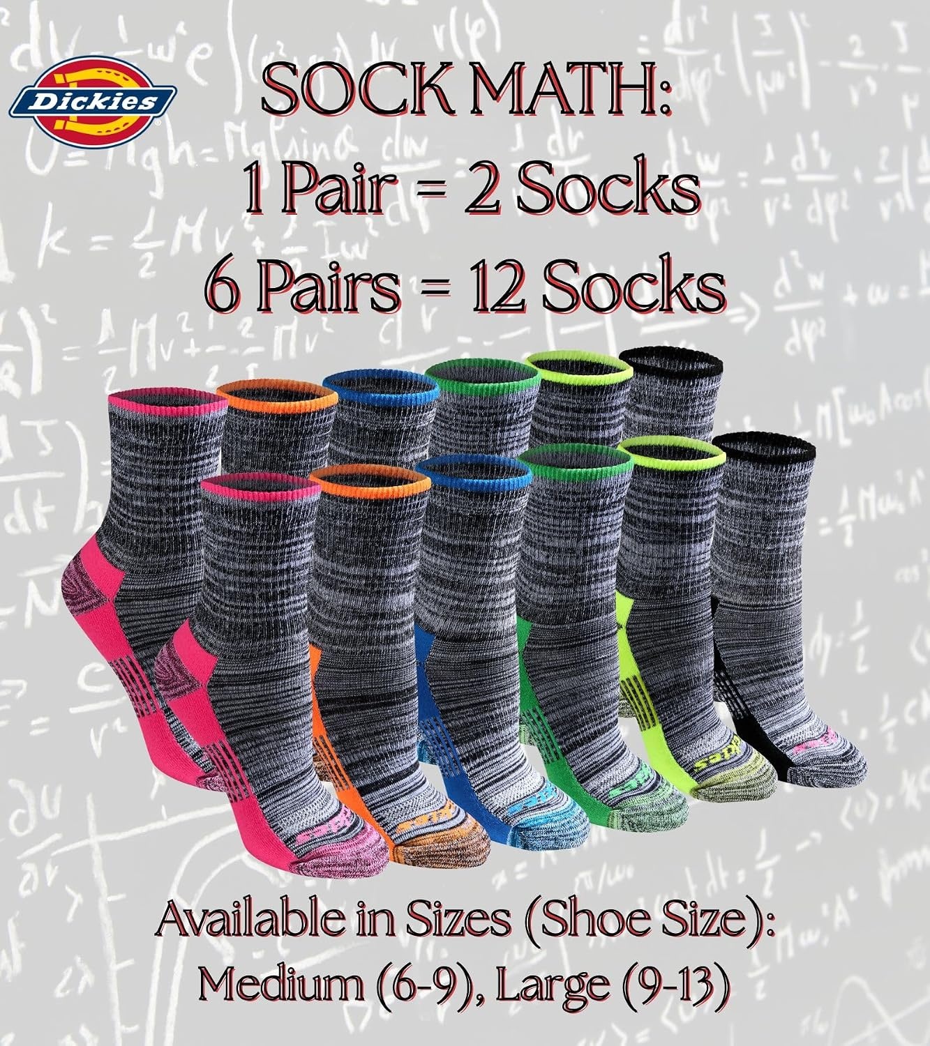 image:imageDickies Womens Dritech Advanced Moisture Wicking Midcrew Socks Available in Ml 6 12 PairsBlack Marl Assorted 6 Pairs