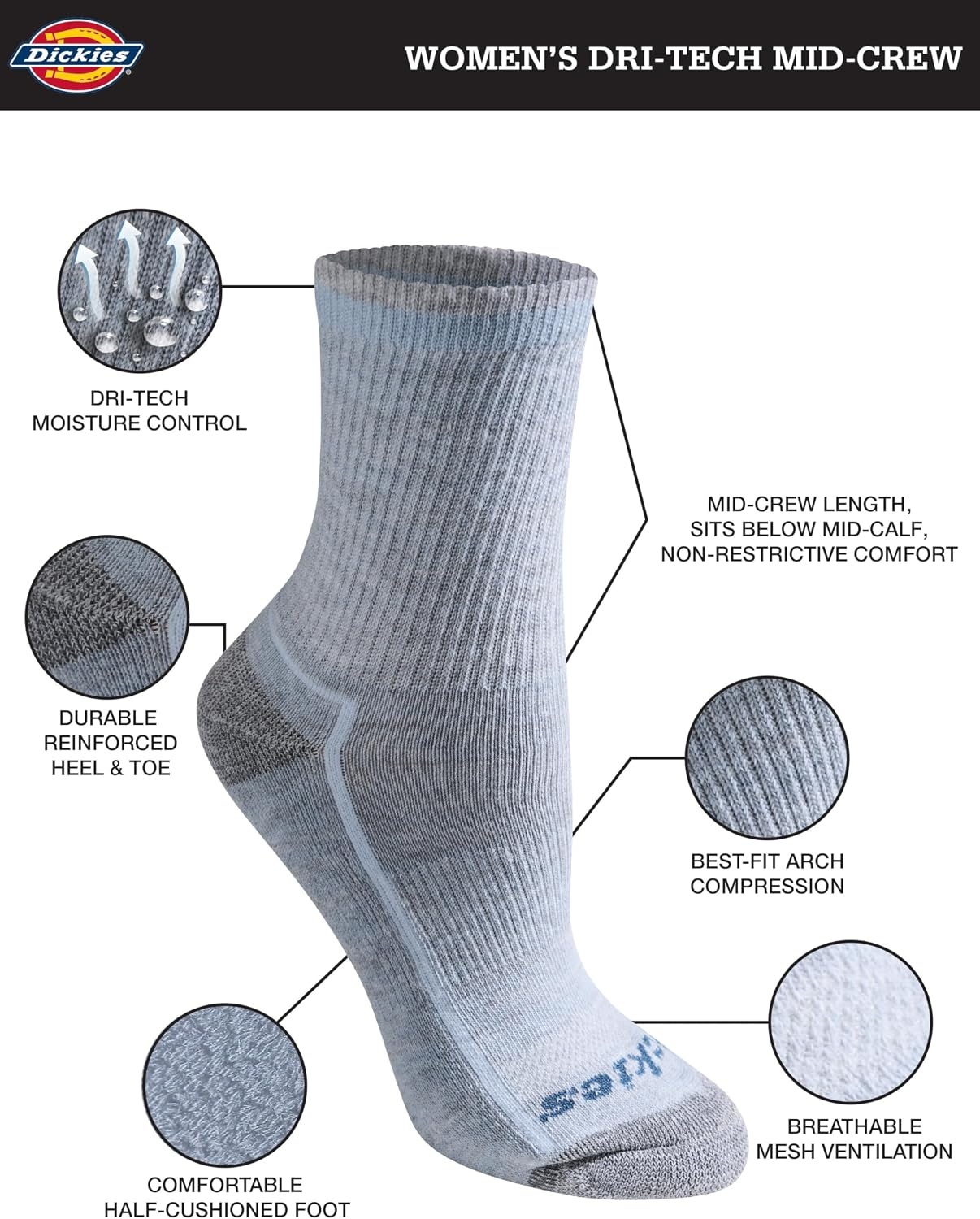 image:imageDickies Womens Dritech Advanced Moisture Wicking Midcrew Socks Available in Ml 6 12 PairsBlue Assorted 12 Pairs