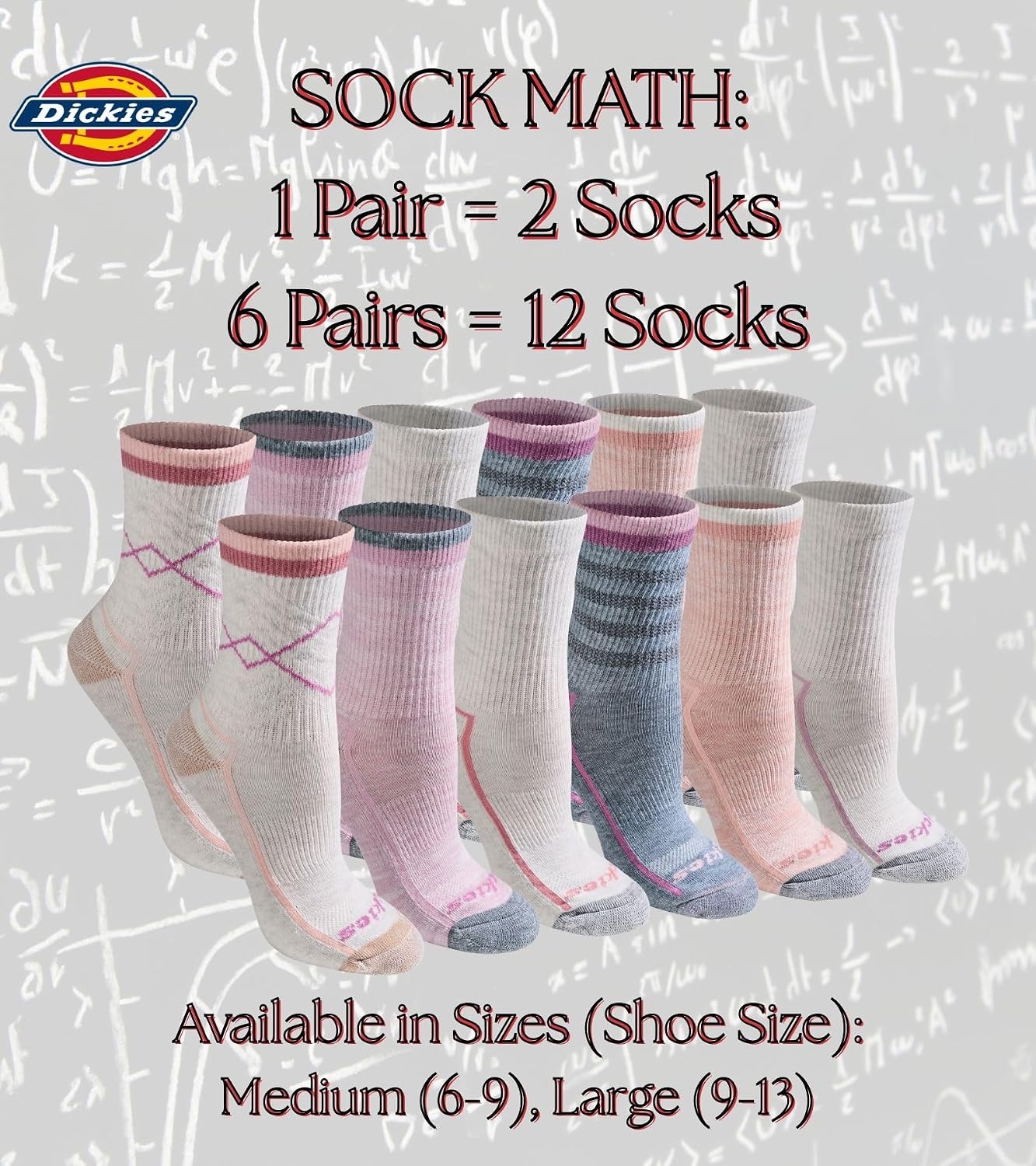image:imageDickies Womens Dritech Advanced Moisture Wicking Midcrew Socks Available in Ml 6 12 PairsBlush Assorted 6 Pairs
