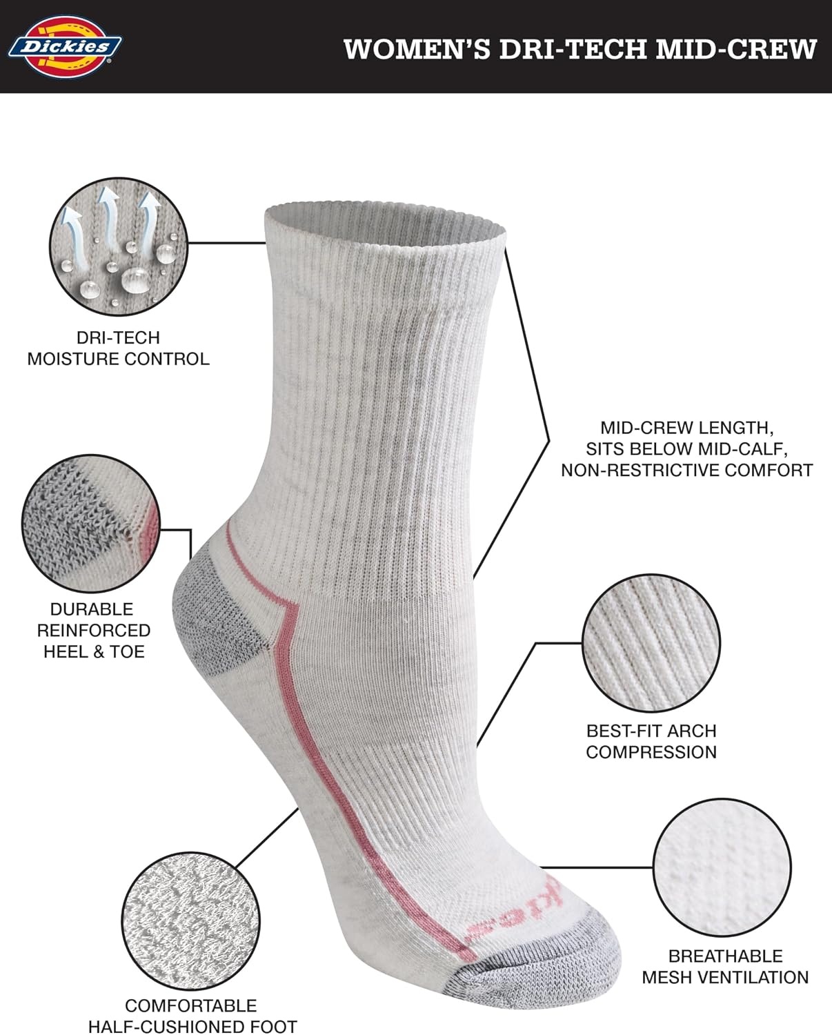 image:imageDickies Womens Dritech Advanced Moisture Wicking Midcrew Socks Available in Ml 6 12 PairsBlush Assorted 6 Pairs