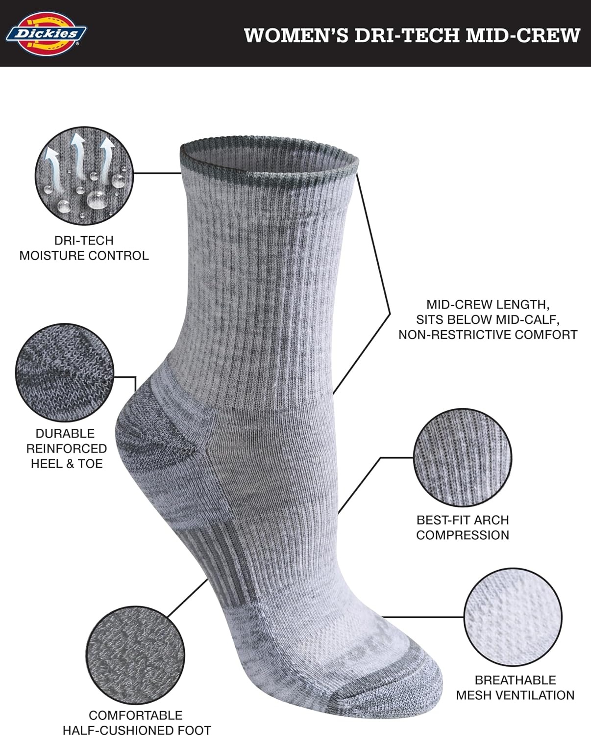 image:imageDickies Womens Dritech Advanced Moisture Wicking Midcrew Socks Available in Ml 6 12 PairsGrey Assorted 12 Pairs