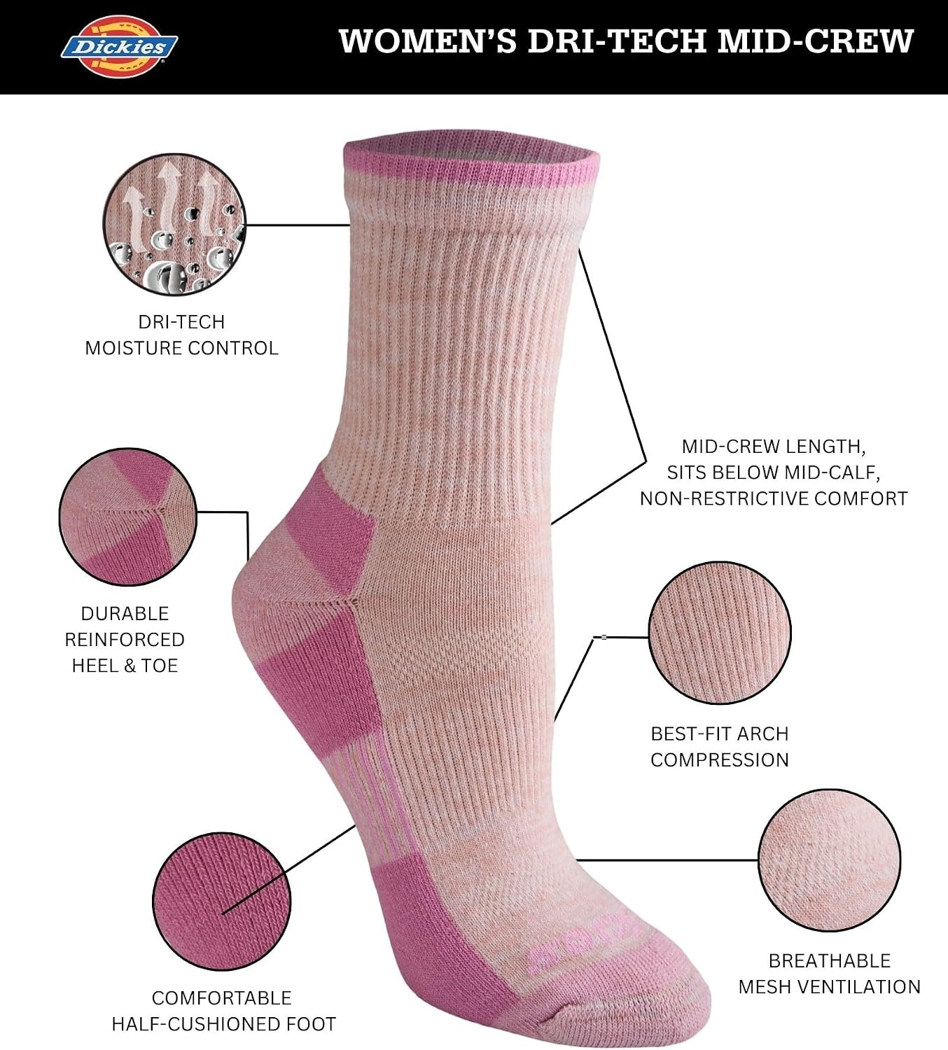 image:imageDickies Womens Dritech Advanced Moisture Wicking Midcrew Socks Available in Ml 6 12 PairsGrey Assorted 2 6 Pairs