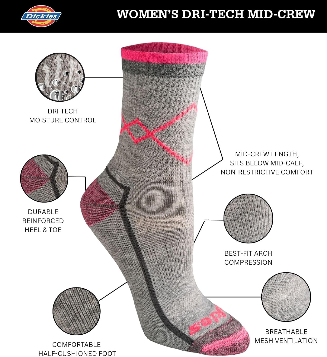 image:imageDickies Womens Dritech Advanced Moisture Wicking Midcrew Socks Available in Ml 6 12 PairsGrey Bright Assorted 6 Pairs