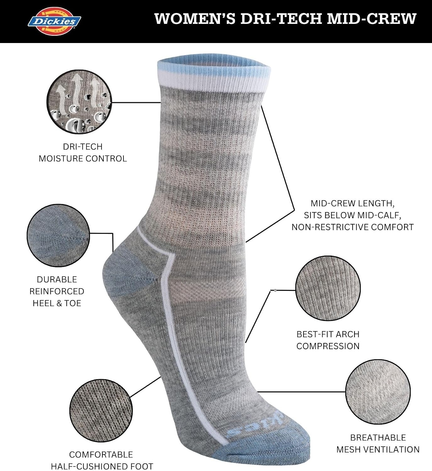 image:imageDickies Womens Dritech Advanced Moisture Wicking Midcrew Socks Available in Ml 6 12 PairsGrey Neutral Assorted 6 Pairs
