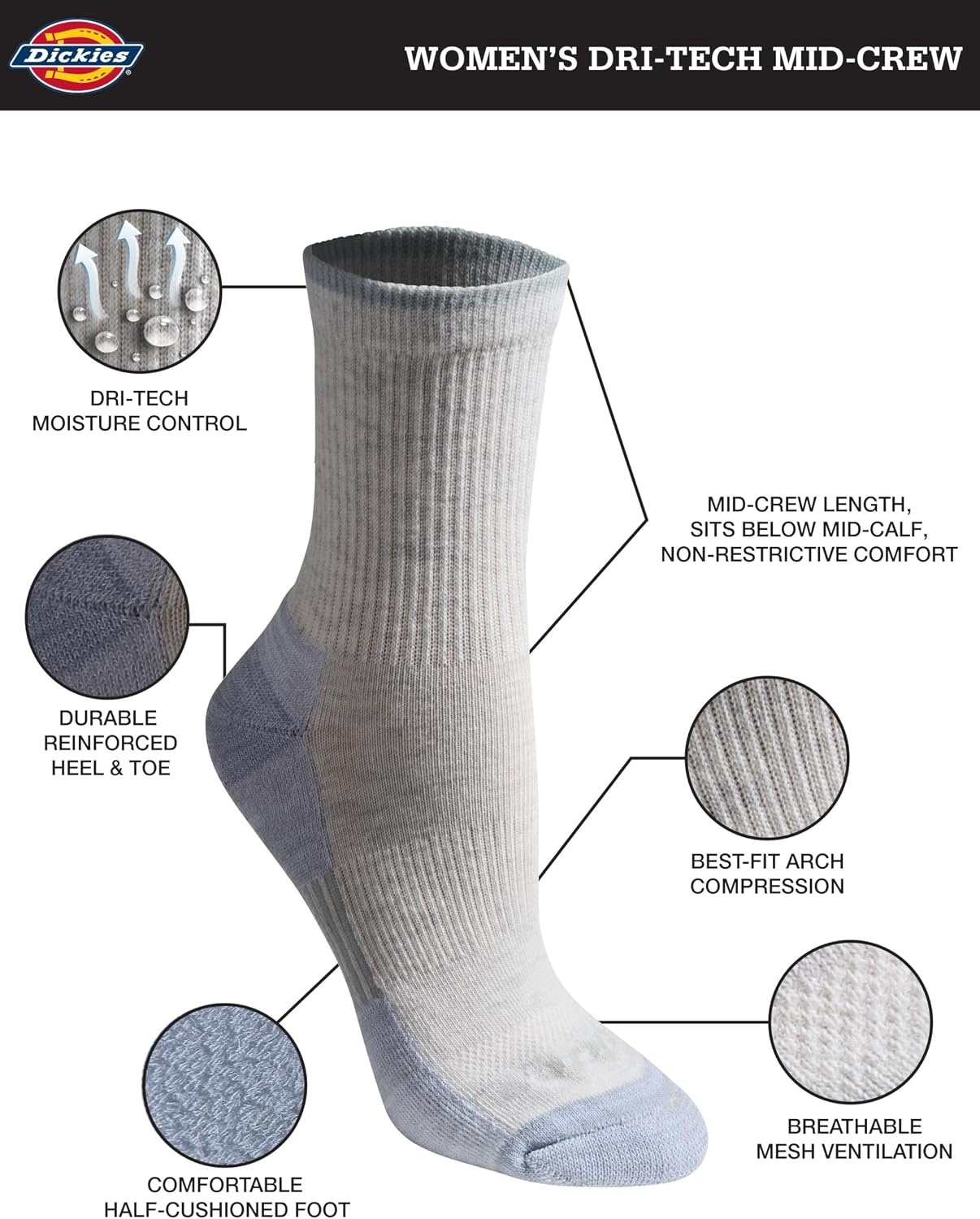image:imageDickies Womens Dritech Advanced Moisture Wicking Midcrew Socks Available in Ml 6 12 PairsOatmeal Assorted 6 Pairs