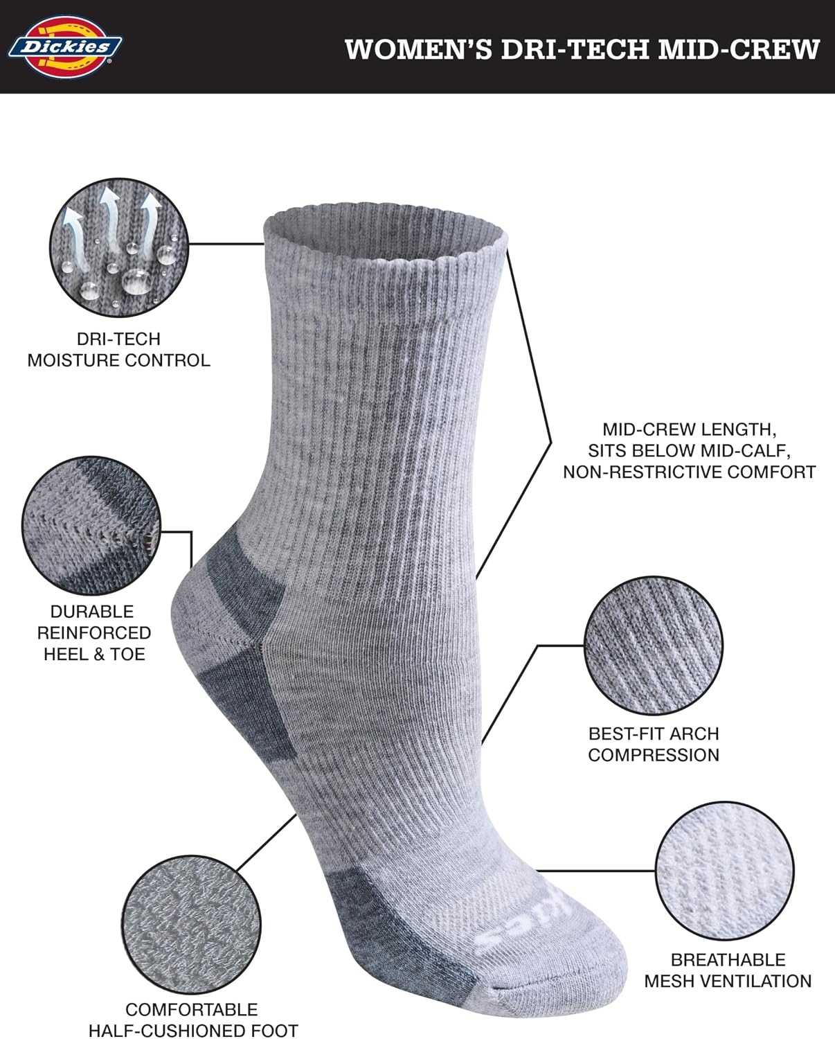 image:imageDickies Womens Dritech Advanced Moisture Wicking Midcrew Socks Available in Ml 6 12 PairsWhite Assorted 6 Pairs
